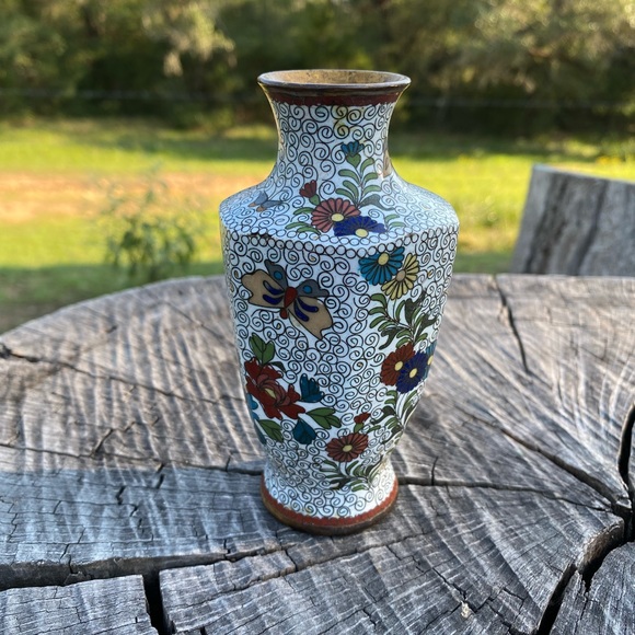 Vintage Cloisonne Vase, Chinese Brass and Enamel, Floral design